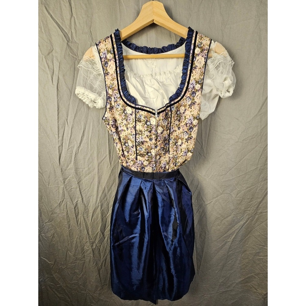 German Dirndl Costume Set Floral Dress White Lace Blouse Blue Apron Small NEW